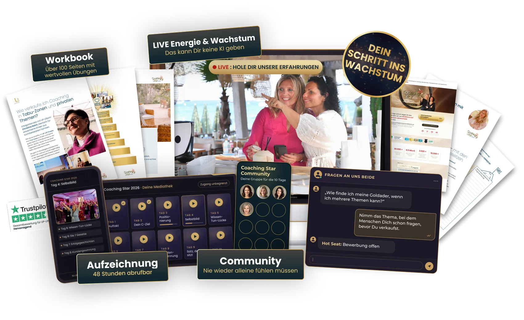 Das bekommst Du: 10 Live-Tage, Workbook, Aufzeichnungen und Community